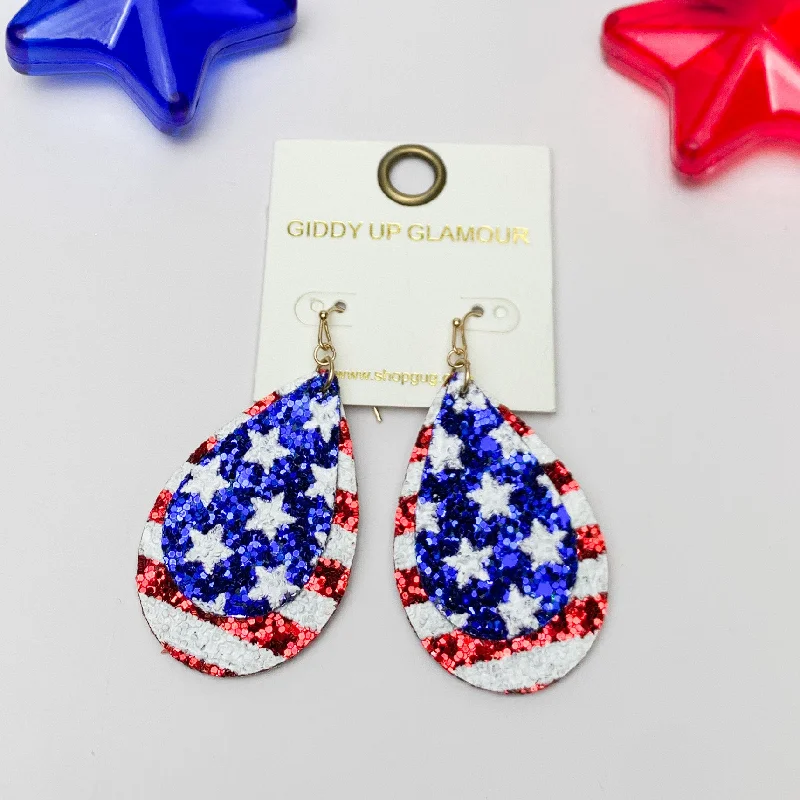 Sparkling Drop Earrings-Stars And Stripes Glitter Patriotic Teardrop Earrings