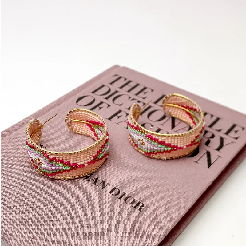 Pearl Hoop Earrings-Aztec Design Beaded Hoop Earrings in Blush Pink